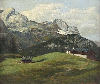 alte Malerei der alpinen Bergwelt, da war die Welt der Berge noch urtümlich, es deutet sich an, dass es neben dem erkennbaren höchsten Gipfel noch einen weiteren geben könnte ... (vom Eckbauer)