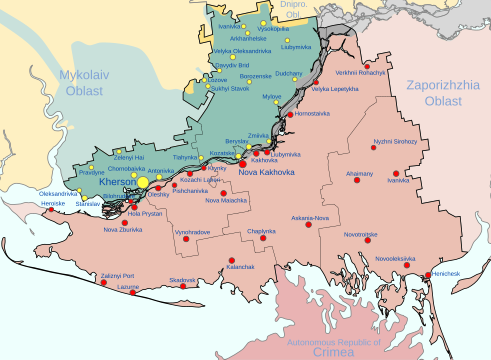 Oblast de Kherson sous contrôle ukrainien en jaune, territoire occupé par la Russie en rouge et territoire occupé par la Russie puis récupéré par l'Ukraine en cyan.