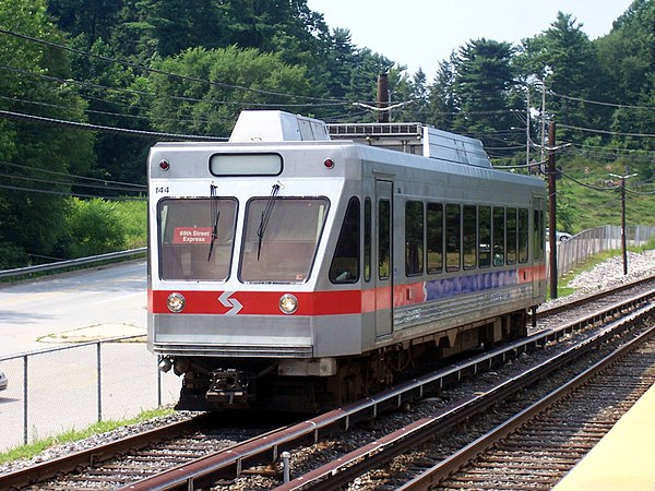 SEPTA N-5 train #144 of the Norristown High Speed Line as it enters the Gulph Mills station in Upper Merion, Pennsylvania.