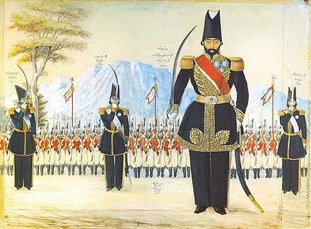 Mohammad-Ebrahim Khan Saham ol-Molk, Commander of the Isfahan Division at an inspection of the Nezam regiments in 1858