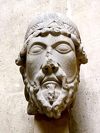 Early example of the Gothic style: Prophet's head, 1137-1140, originally in the Basilica of St. Denis Saint-Denis (93), basilique Saint-Denis, portail de droite, tete de prophete, vers 1137-1140, musee de Cluny Cl. 23415.jpg