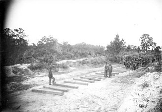 Florida West Shore Railway's track being laid near Sixth Street in Sarasota in 1902 Sarasota Railroad Construction.jpg