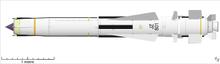 Sea Dart missile illustration. The Chow booster is on the extreme right. The four small receiver antennas for the semi-active radar homing are visible on the left. The antennas are arranged to provide phase-comparison to improve accuracy. Sea Dart missile.png