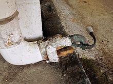 Self-regulating heat tracing tape with the gray end seal next to a copper drain pipe with insulator wrapped around them. This protects the pipe from freezing. Self-regulating heat tracing tape.jpg