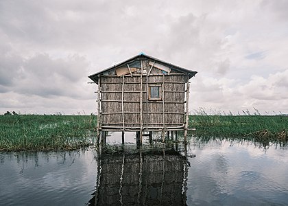 Maison sur pilotis isolée sur le lac Nokoué au sud du Bénin. Photographe : Leotarpin