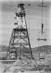 The main 465-foot (142 m) tower used to support the cableway system at the dam site
