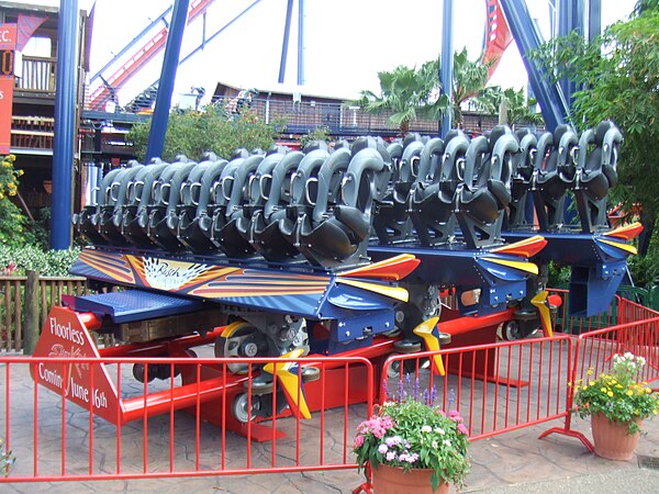 An example of a floorless Dive Coaster train on SheiKra