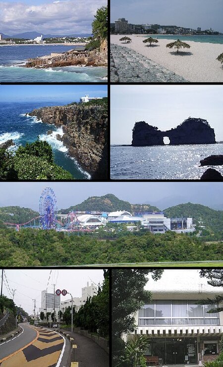 Top left: Nanki Shirahama Spa, Top right: Shirahama Beach, 2nd left: Three-stage Wall (Sandanheki), 2nd right: Engetsu Island (Engetsuto), 3rd: Shirah