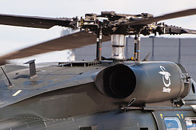 English: Sikorsky S-70i Black Hawk (reg. SP-YVC), built by PZL-Mielec in Poland, at ILA Berlin Air Show 2012. Detail showing Rotorhead and Turbine. Deutsch: Sikorsky S-70i Black Hawk (Reg. SP-YVC), gebaut in Lizenz von PZL-Mielec in Polen, auf der ILA Berlin Air Show 2012. Detailaufnahme von Rotorkopf und Turbine.