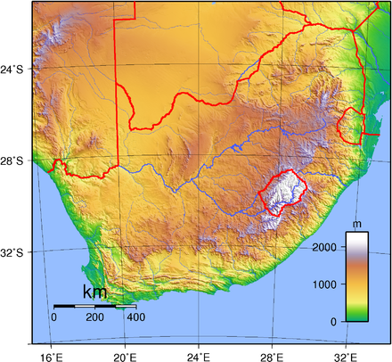 Topographic map of the region, showing Lesotho situated on the highest peaks of Southern Africa