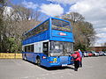 Southern Vectis 4837 Jack Rock (R837 MFR), a Volvo Olympian/East Lancs Pyoneer, at Havenstreet railway station, Isle of Wight, operating a free shuttle service between Newport and Havenstreet railway station for Southern Vectis 2012 Bustival event.