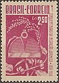 A commemorative stamp was issued in Brazil to mark the 50th anniversary of Japanese immigration. It depicts rice and coffee trees above and below agricultural implements. (1958)