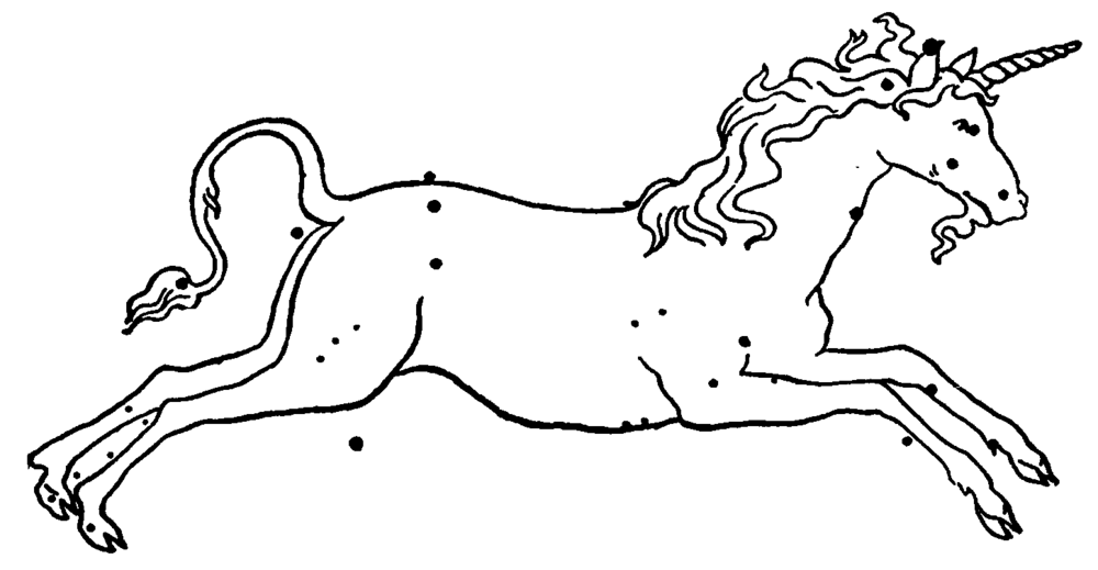 The constellation Monoceros pictured as a unicorn with the major stars denoted