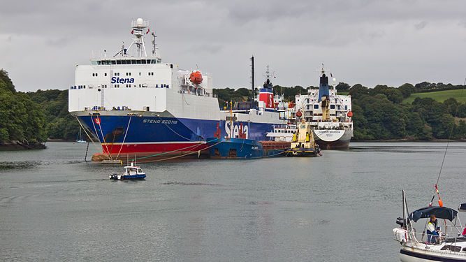 Stena Scotia and other ships moored in Carrick Roads, Cornwall