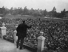 A strike leader addressing strikers in Gary, Indiana in 1919 Striker assembly.jpg