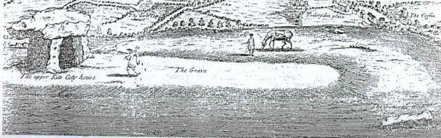 Stukeley's 1722 prospect of Kit's Coty House with its remnant long barrow still just visible and labelled "The Grave"