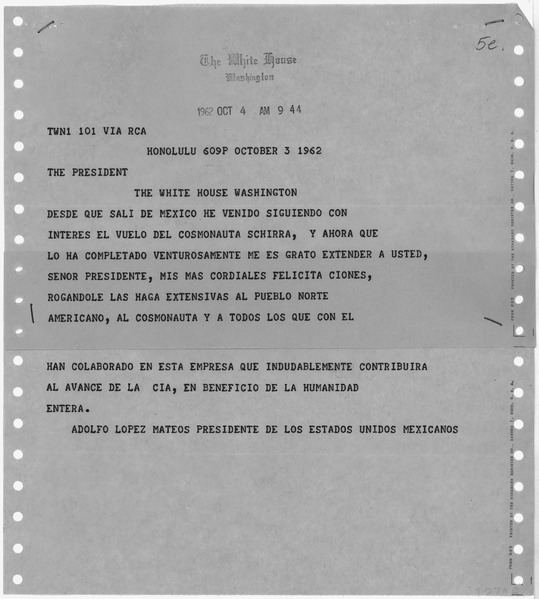 File:Telegram, President Mateos to President Kennedy October 3, 1962 - NARA - 193797.tif