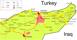 Territories held by Kurdish forces, ISIL jihadists, by the Syrian Army or contested in the Al-Hasakah Province, as of 23 March 2016 The Situation in Hasakah.svg