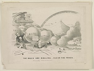 This 1856 political cartoon depicts the presidential candidates, Millard Fillmore and James Buchanan, being confronted with papers labeled "polygamy and slavery" and "Kansas bogus laws" while being toppled by the weight of each state demanding answers to these issues. The balls are rolling - clear the track LCCN90708912.jpg