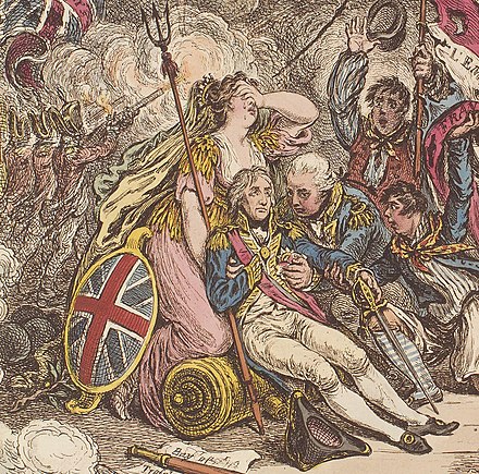 Britannia mourning the death of Horatio Nelson, 1st Viscount Nelson at the victorious Battle of Trafalgar in a cartoon by James Gillray