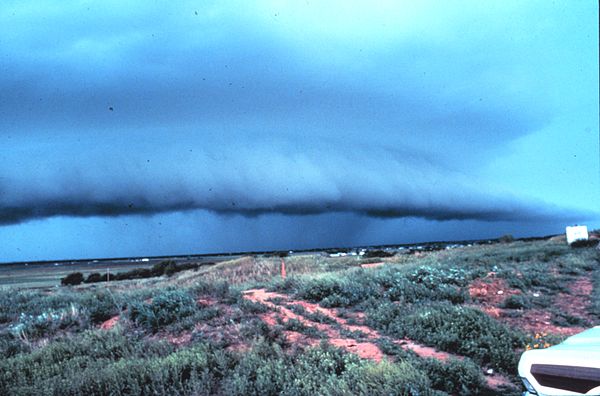 Thunderstorm with lead gust front near Brookhaven, New Mexico, United States, North America. The gust front is marked by a shelf cloud.