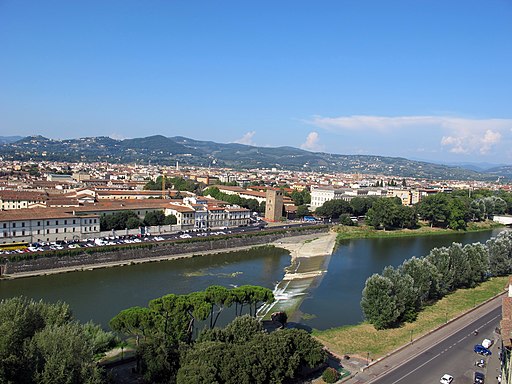 Torre della Zecca vecchia e pescaia vista dal Torre San Niccolò, Oltrarno, Firenze