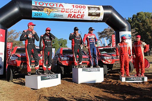 Toyota winners at the end of the race, 1. Giniel de Villiers, 2. Leeroy Poulter, 3. Johan Horn