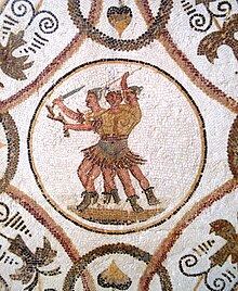 Representação de Hércules sobre o mosaico de Acholla em três cenas com vários atributos do mito.