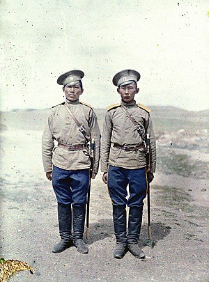 Two Cossacks in gymnastyorka uniform, in Khuree ca. 1913. Two Cossacks in Khuree.jpg