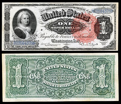 alt=$1 Silver Certificate, Series 1886, Fr.215, depicting Martha Washington