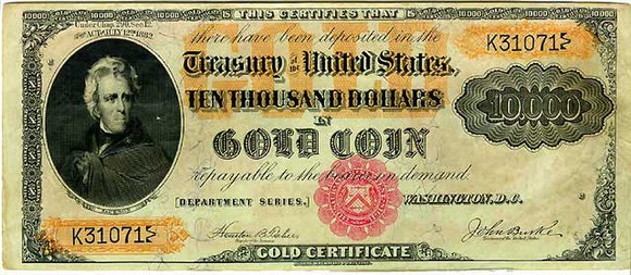 Andrew Jackson - 1882 $10,000 bill US $10,000 1882 Gold Certificate.jpg