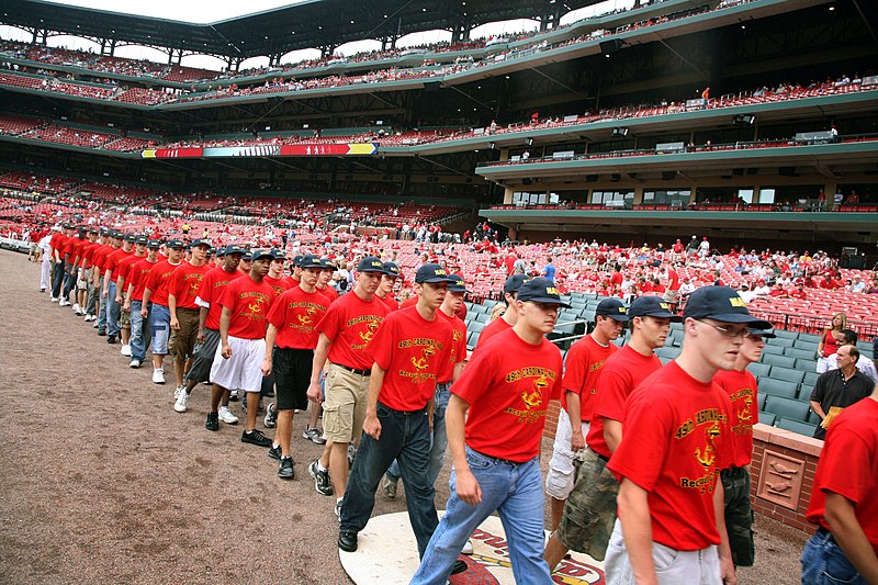 File:US Navy 070906-N-3271W-007 Members of the 49th Cardinal Company, a group of enlisted recruits from Navy Recruiting District St. Louis, march into Busch Stadium to be sworn into the Navy in a ceremony before a game between the C.jpg