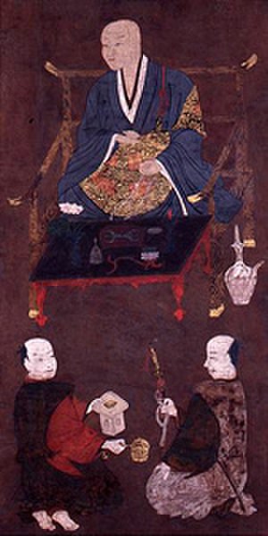 Depiction of Kenshin in a monk-like image with two ministers, from Muromachi period (1336–1573)