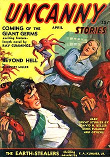 Cover of the only issue of Uncanny Stories, dated April 1941; art by Norman Saunders Uncanny Stories April 1941.jpg