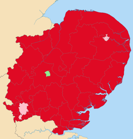 Results in the East of EnglandColours:   Yes   50%-65% No   >65% No