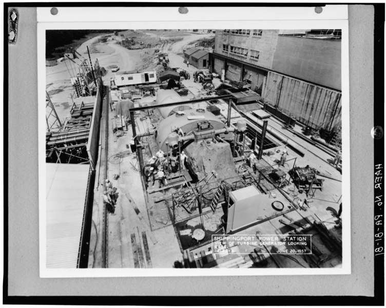 File:VIEW LOOKING EAST OF TURBINE GENERATOR, JUNE 20, 1957 - Shippingport Atomic Power Station, On Ohio River, 25 miles Northwest of Pittsburgh, Shippingport, Beaver County, PA HAER PA,4-SHIP,1-81.tif