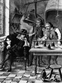 Drawing of two men with long hair at a table speaking to Jacob van Eyck, who is dressed in black and sitting down and visibly thinking.