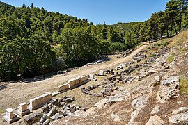 View of base statues at the Amphiareion of Oropos from the retaining wall on July 24, 2020.jpg
