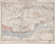 1869 geological map of mining areas in White Pine County, Nevada, showing Treasure City and nearby towns, including Hamilton and Shermantown. Map is oriented with North to the right. White Pine Mining District geological map circa 1869.jpg