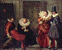 Dignified couples courting. circa 1616-1620. oil on canvas medium QS:P186,Q296955;P186,Q12321255,P518,Q861259 . 56.3 × 70.5 cm (22.1 × 27.7 in). Amsterdam, Rijksmuseum Amsterdam.