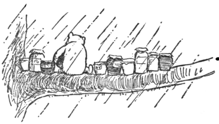 Winnie-the-Pooh sitting on a branch with ten pots of honey