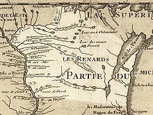 Gravering, der viser et kort over Wisconsin i New France af Guillaume Delisle i 1718.