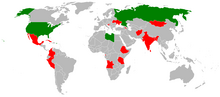 Diffusione dell'An-32 nel mondo: in rosso gli operatori militari, in verde quelli civili.