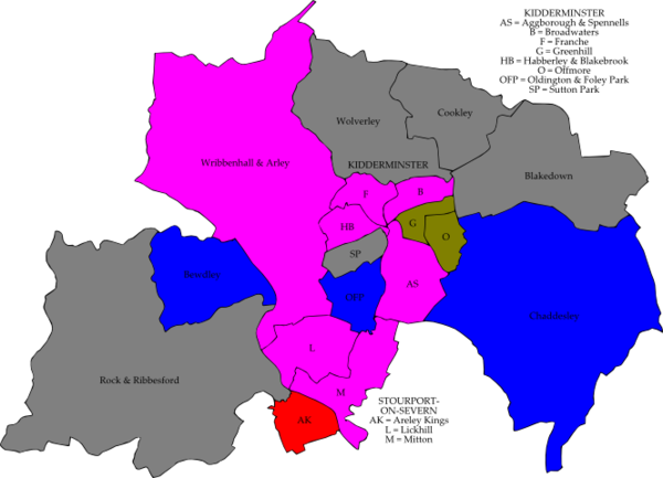 Map of the results of the 2002 Wyre Forest District Council election. Health Concern in pink, Conservatives in blue, Liberal in olive and Labour in red. Wards in grey were not contested in 2002.