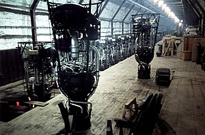 (V-2) rocket engines in an assembly workshop at the Mittelwerke underground secret factory in a mountain range near Nordhause 1944 (48479738572).jpg