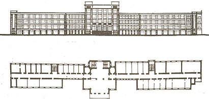 Фасад і план галоўнага корпуса па праекце Н. Макляцовай.