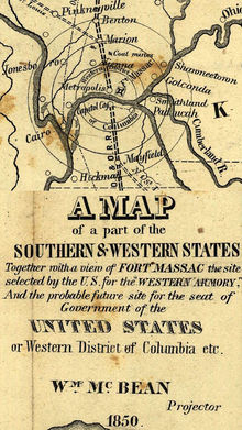 Mapa de 1850 del planeado Distrito Occidental de Columbia, que sustituiría al Distrito de Columbia como capital de los Estados Unidos.