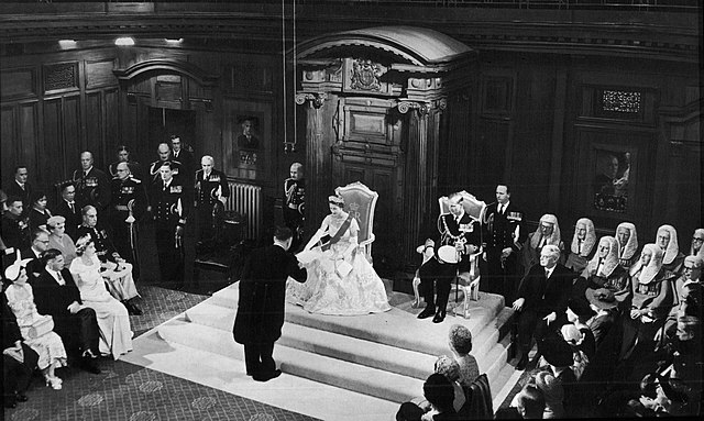 Queen Elizabeth II opening a session of the New Zealand Parliament, 12 January 1954