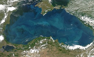 MODIS-Aqua satellite image of the Black Sea captured on June 20, 2006. All the water that we can see at the scale of this image is optically deep, because the seafloor is not visible to the satellite sensor. 2006 satellite image of Phytoplankton Blooms in the Black Sea.jpg