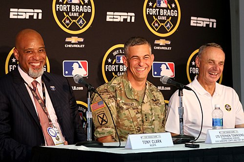 Tony Clark (left), Lt. Gen. Stephen J. Townsend (center), and Rob Manfred (right) at a pregame press conference